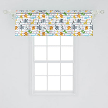 Ambesonne Savannah Window Valance Pack of 2, Friendly Zoo Animals with Happy Faces Cartoon Characters on Stripes Print, Rod Pocket Curtain Valances for Kitchen Bedroom, 54" X 18", Pale Azure Blue