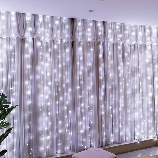 HXWEIYE 300LED Fairy Curtain Lights, 9.8x9.8Ft USB Plug-in 8 Modes Christmas String Hanging Lights with Remote for Bedroom Backdrop Wedding Party Indoor Wall Decor, White, Standard