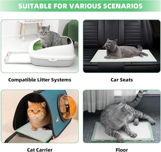 IMMCUTE Cat Pads 16.9"" X 11.4"", Lemon Scent, 30 Ct, Pee Pads for Cats, Thickened Super Absorbent Pee Pads, Odor Control, Cat Pads for Litter Box System, Cat Pad Refills, Cat Litter Pads, Green-Mewly Pet