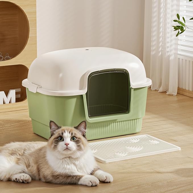 Cat Litter Box with Litter Mat and Scoop,High Wall Enclosed Cat Litter Boxes for Anti-Leakage, Covered Kitty Litter Box with Handle and Buckles for Portability and Privacy, Odor Control (Green)-Mewly Pet