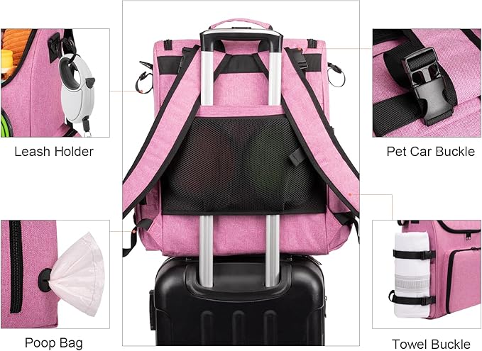 Modoker Dog Travel Bag Backpack, Airline Approved Pet Accessories Organizer for Dog and Cat with Shoulder Strap, 2 Dog Food Storage Containers, 2 Collapsible Dog Bowls,1 Pet Mat, Pink-Mewly Pet