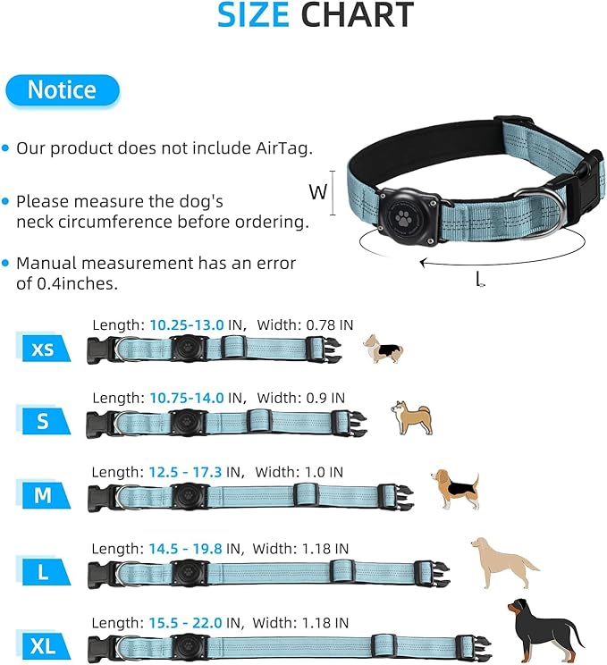 Upgraded AirTag Dog Collar, IP68 Waterproof Air Tag Dog Collar Holder, Reflective, Ultra-Durable, Comfortable Padded, Heavy Duty Dog Collars for Small Medium Large Dogs (M (12.6"-17.1"), LightBlue)-Mewly Pet