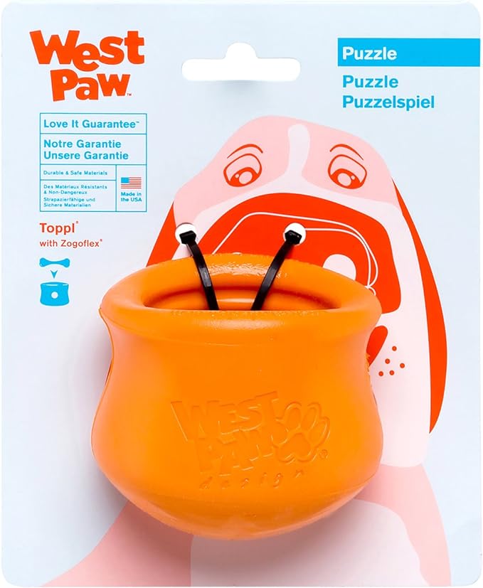 West Paw Zogoflex Toppl Treat Dispensing Dog Toy Puzzle – Interactive Chew Toys for Dogs – Dog Toy for Moderate Chewers, Fetch, Catch – Holds Kibble, Treats, Small 3", Tangerine-Mewly Pet