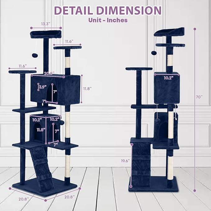 70 Inches Multi-Level Cat Tower for Indoor Cats - XL Tree Climbing Condo With Scratching Posts and Hanging Toys, Navy Blue-Mewly Pet