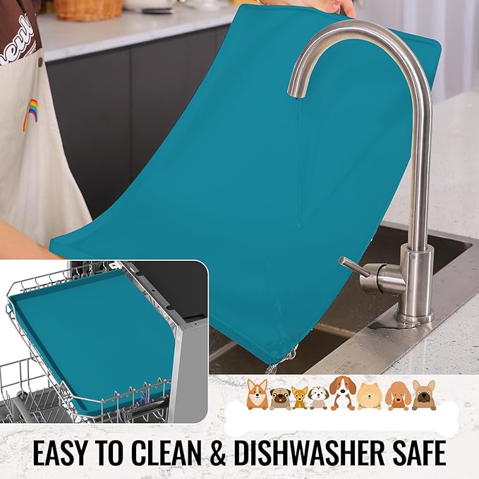 MateeyLife Dog & Cat Food Water Mat for Floors Waterproof, Nonslip Pets Bowl Feeding Mats with Raised Edges, Silicone Matt Tray for Messy Drinkers, 18"x12", Teal-Mewly Pet