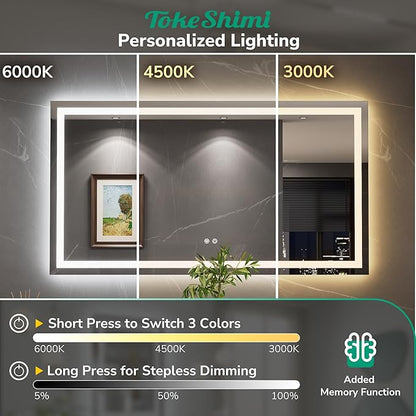 TokeShimi 55x30 LED Bathroom Vanity Mirror with Lights,Front Lit + Backlit LED Bathroom Mirror,3 Colors Stepless Dimmable,Anti-Fog,Tempered Glass,Memory Function,Waterproof,UL Listed