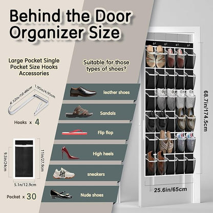 Over the Door Shoe Organizer with 30 Breathable Mesh Pockets - Large Capacity Closet Storage for Men & Women, Hanging Shoe Rack Organizer (Solid black)
