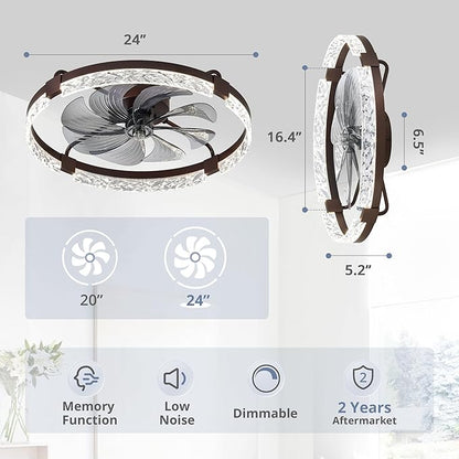 LEDIARY 2 Pack 24 Inch Modern Ceiling Fans with Lights and Remote, Dimmable Flush Mount Ceiling Fan, Brown Low Profile Ceiling Fan with 3 CCT and 6 Speeds