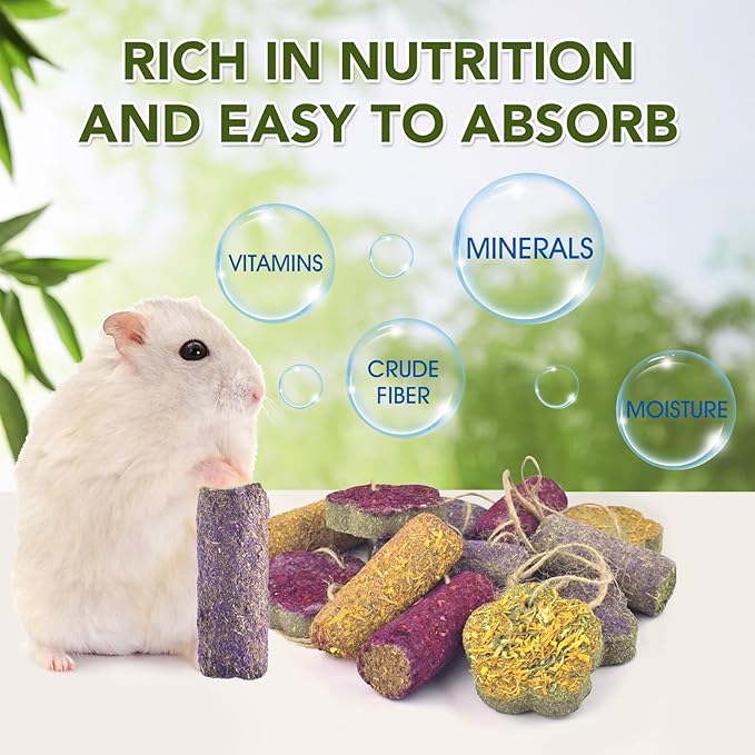 12PCS Rabbit Chew Sticks, Hanging Chew Sticks & Cakes Timothy Hay Rose Chrysanthemum Treat for Bunny Chinchilla Guinea Pig Hamster and Other Small Pets Molar Snack Toy-Mewly Pet