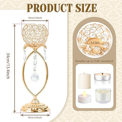 6 Pcs Gold Elegant Metal Crystal Tea Light Candle Holders with Crystal Pendants, Hollow Design - Wedding Table Centerpieces for Anniversary Birthday Party, Home Decor
