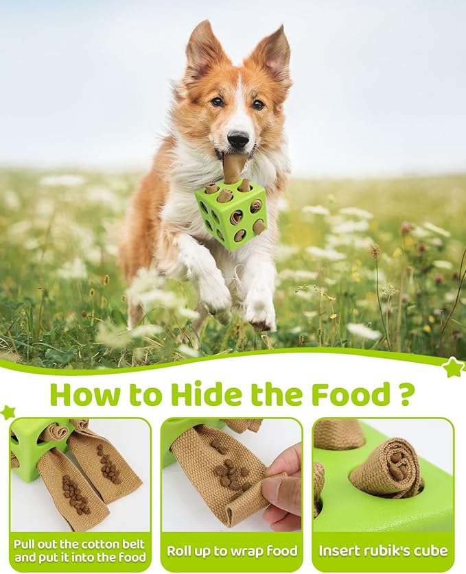 Interactive Puzzle Dog Toy Encourage Natural Foraging Skill, Durable Dog Enrichment Toy Snuffle Cube Cloth Strip with Hide & Seek Food, Slow Feeder for Mind Stimulate & Stress Relief (Green)-Mewly Pet