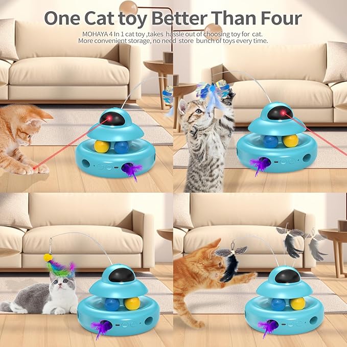 Cat Toys,4-in-1 Automatic Kitten Toy for Bored Indoor Adult Cats,lectric Flying Butterfly,Whack a Mole,Feather Track Balls,Blue-Mewly Pet