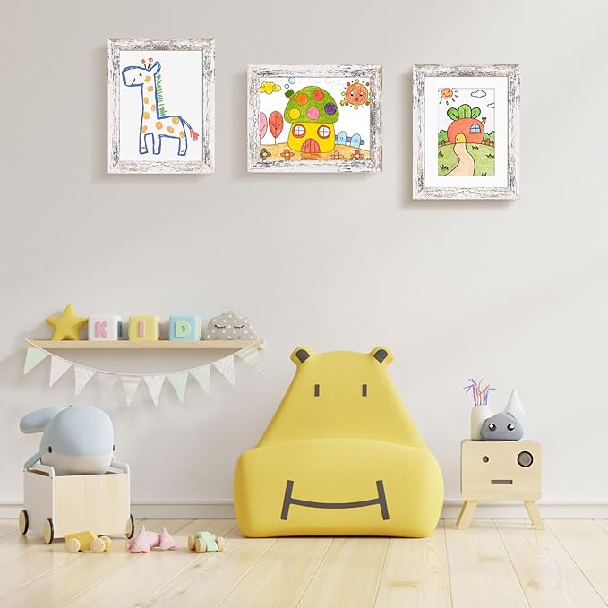 KINLINK 8.5x11 Kids Art Frames Set of 2, Solid Wood Kids Artwork Frames Changeable with Acrylic Front Opening Holds 150 Pictures, Art Frame for Kids Artwork with Mat or without Mat, Rustic White