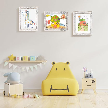 KINLINK 8.5x11 Kids Art Frames Set of 2, Solid Wood Kids Artwork Frames Changeable with Acrylic Front Opening Holds 150 Pictures, Art Frame for Kids Artwork with Mat or without Mat, Rustic White