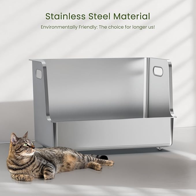 One-Piece Stainless Steel Litter Box, 14.5" High-Side XL Metal Cat Litter Box, Extra Wide Entry Pet Toilet, Cat Litter Station with Wheels, Easy to Move, Non-Stick, No Odor, for Big or Multiple Cats-Mewly Pet