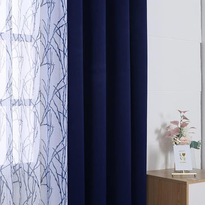 BONZER Mix and Match Curtains - 2 Pieces Branch Print Sheer Curtains and 2 Pieces Blackout Curtains for Bedroom Living Room Grommet Window Drapes, 37x84 Inch/Panel, Indigo, Set of 4 Panels