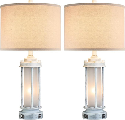 25" Rustic Table Lamps Set of 2, Vintage Nightstand Lamps with 2 USB Ports, Farmhouse Antique White Desk Lamp with Glass Night Light for Living Room Bedroom Dorms, 4 Bulbs Included