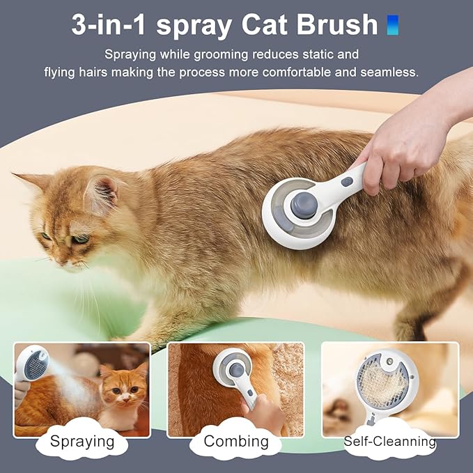 Cat Steam Brush, 3-in-1 Self-Cleaning Pet Grooming Tool with Water Spray, Shedding & Massage Comb for Long & Short Hair Cats and Dogs-Mewly Pet