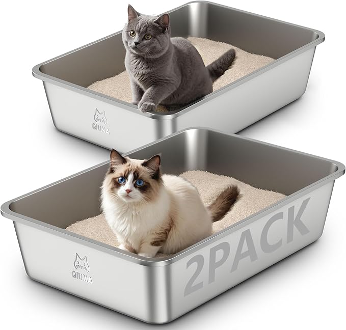 2 Pack Stainless Steel Cat Litter Box, 23.4" L×15.6" W×5.9" H, Metal Kitty Litter Box with High Sided for Big Cats, Non-Stick, Easy to Clean, Odor-Free-Mewly Pet