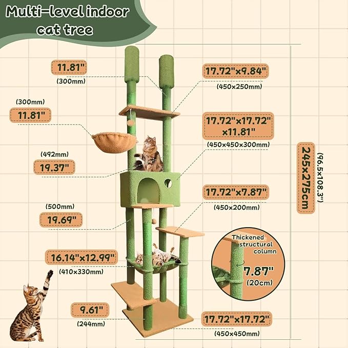 96.5"-108" Cat Tree Floor to Ceiling 7-Tier Cat Tower Adjustable Height with Scratching Posts, Cozy Hammock, Cat Condo for Indoor Cats(Green)-Mewly Pet