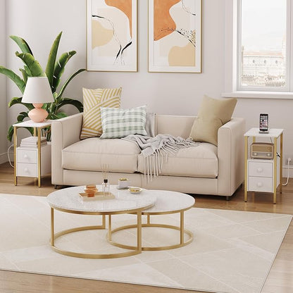 HOOBRO End Table with Charging Station, Narrow Side Table with 2 Drawer & USB Port & Power Outlets, Nightstand for Small Spaces, Stable and Sturdy, for Living Room, Bedroom, Gold and White DW541BZ01