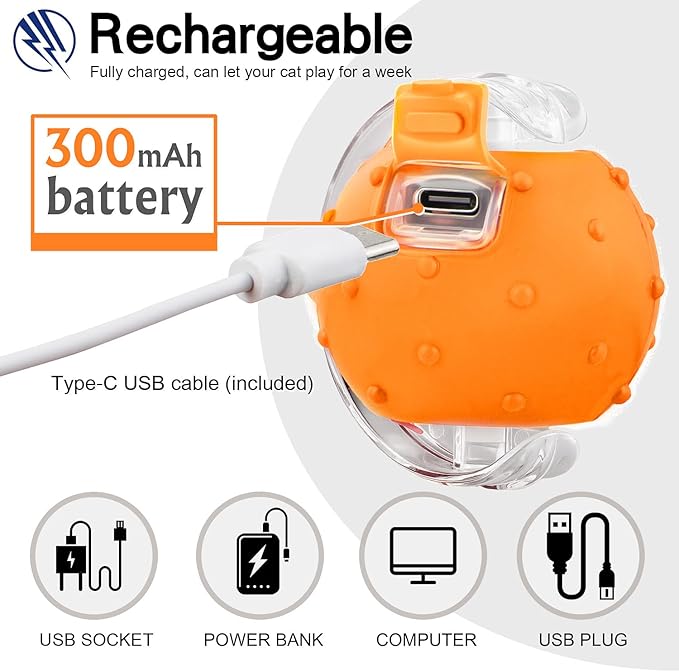 Interactive Cat Toys Ball for Indoor Cats, Automatic Agile Rolling Cat Ball with Elastic Mesh Tail, Bird Chirping & Motion Activated, 2 Tail Accessories, Kitten Toy for Bored (Orange)-Mewly Pet