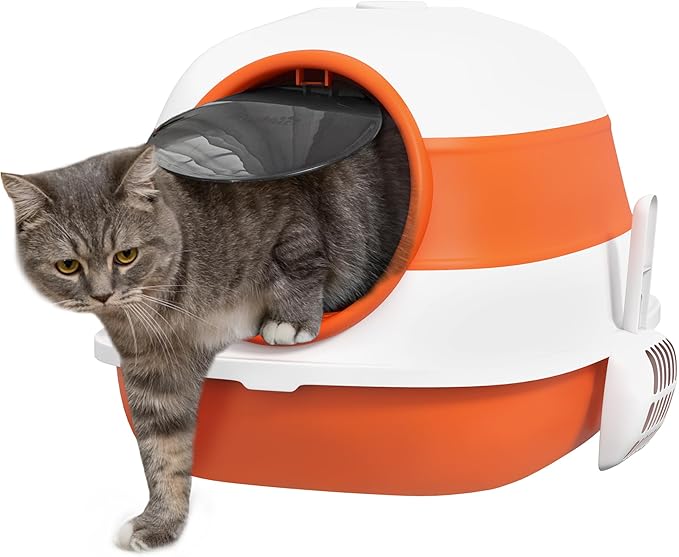 PawHut Cat Litter Box with Lid, Covered Litter Box w/High Sides, Air Freshener, Large Two-Way Entrance Kitty Toilet, Foldable, Easy Clean, Orange-Mewly Pet