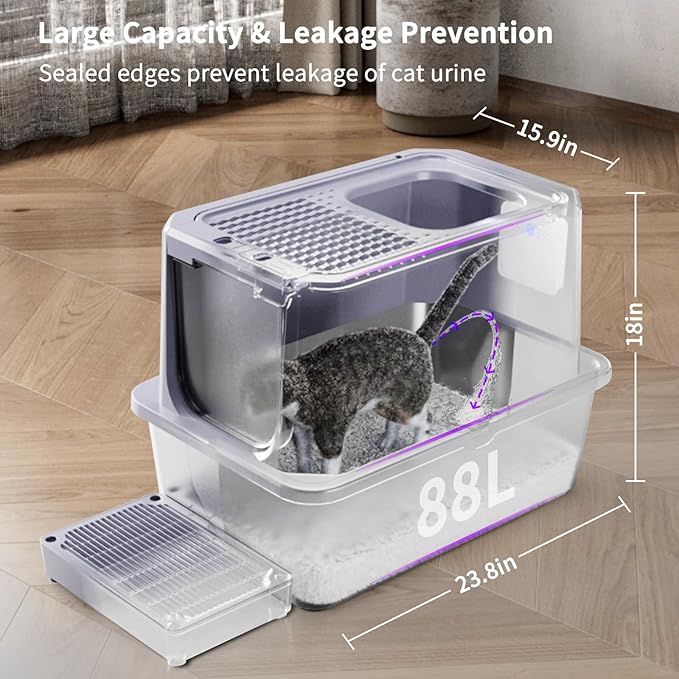 RIZZARI Stainless Steel Cat Litter Box, Odorless Enclosed Litter Box with Top Holes, Large Litter Pan for Small to Large Sized Cats (Cool Gray, 23.8" L*15.9" W*18" H)-Mewly Pet
