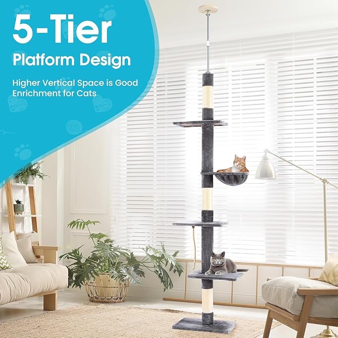 Cat Tree 5-Tier Floor to Ceiling, 89-109 Inch Adjustable Height Cat Tower with Cozy Hammock, Cat Climbing Tree for Indoor Cats, Darkgrey-Mewly Pet