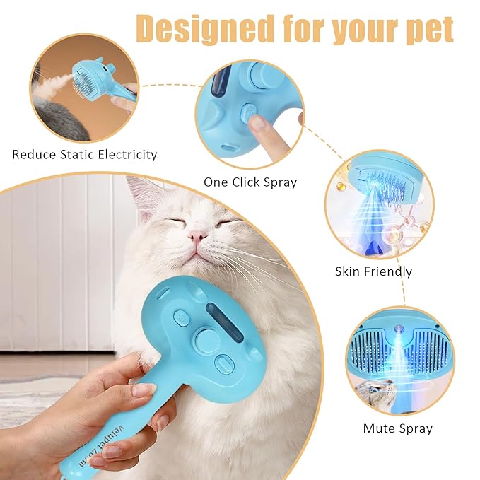 Cat Steam Brush for Shedding, Pet Steam Brush for Dog with Release Button,Anti-Static Pet Spray Hair Removal Comb,Cat Spray Comb for Long & Short Haired Pets,Blue-Mewly Pet