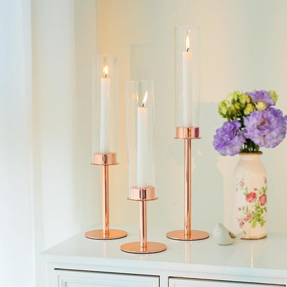 Hurricane Candle Holders Set of 6 Metal Candlestick Holder for Glass Taper Tall Candle Holders with Crystal Chimney Tube Candles Stands for Home Decor, Christmas, Dinning (6, Rose Gold)