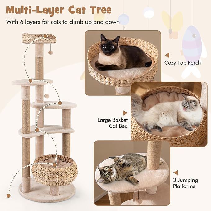 PETSITE 65 inch Cattail Cat Tree Tower, Multi-Level Cat Tower with Natural Jute Scratching Posts, Cat Bed, Top Perch, Dangling Balls and Jumping Platforms, Modern Tall Cat Tree for Indoor Cats-Mewly Pet