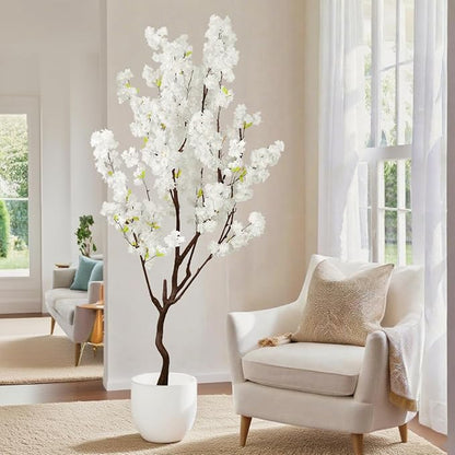 7.2ft Tall Artificial White Cherry Blossom Tree Indoor Decor, Fake Silk Flower Cherry Tree Plant Outdoor, Faux Flowering Tree Realistic for Home Living Room Front Door Office