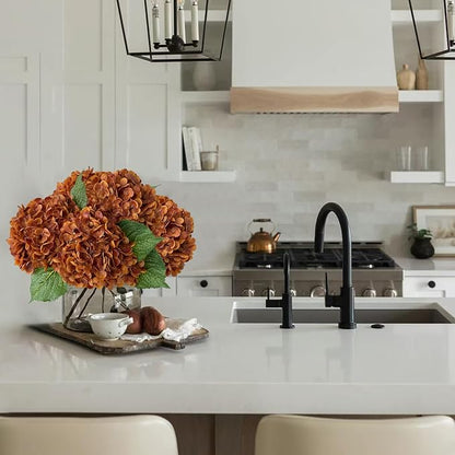 YalzoneMet 4 Pcs Orange Brown Hydrangea Artificial Flowers 21‘’ Real Touch Latex Hydrangea Fake Flowers for Fall Home Decor Party Kitchen Bedroom Bronze Vintage Flower Table Centerpieces