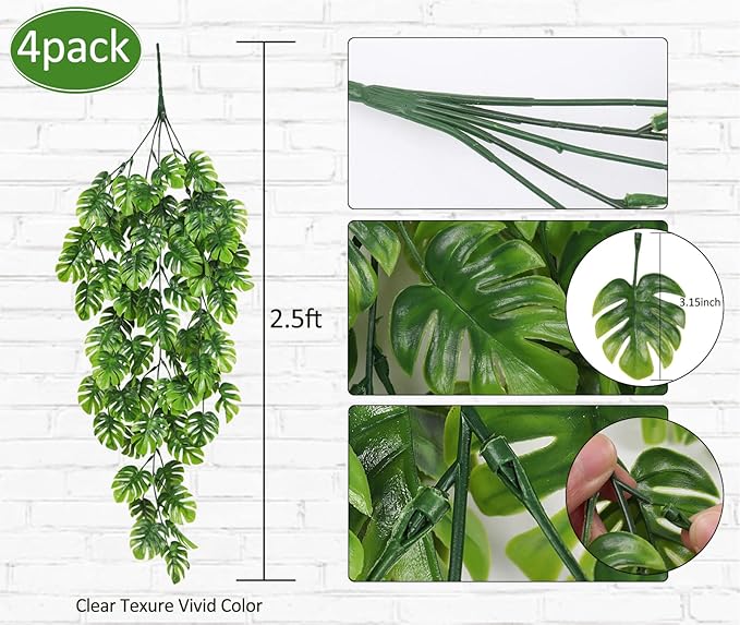 RECUTMS Artificial Hanging Plants 4Pcs, Fake Monstera Leaves Ivy Vine Faux Greenery UV Resistant Tropical Palm Leaf Swag Plant for Garden Home Jungle Hawaiian Luau Party Outdoor Indoor Spring Décor