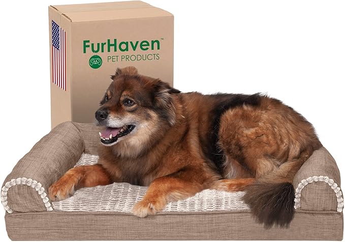 Furhaven Cooling Gel Dog Bed for Large/Medium Dogs w/ Removable Bolsters & Washable Cover, For Dogs Up to 55 lbs - Luxe Faux Fur & Performance Linen Sofa - Woodsmoke, Large-Mewly Pet