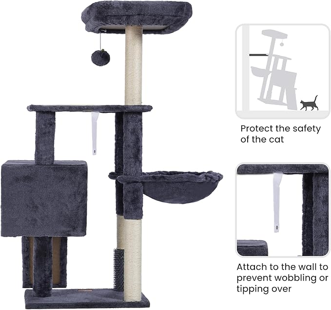 Heybly Cat Tree with Cat Self Groomer Brush, Cat Tower Condo for Indoor Cats with Padded Plush Perch, Cat House with Basket Scratching Board Post, Smoky Gray HCT005SG-Mewly Pet