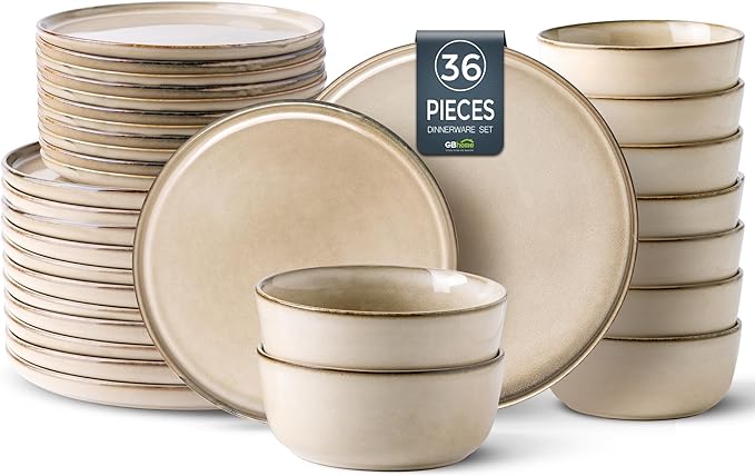 GBHOME Ceramic Dinnerware Sets for 12, 36 Pieces Stoneware Plates and Bowls Sets, Reactive Glaze Dishes -Scratch Resistant, Dishwasher&Microwave Safe-Mewly Pet