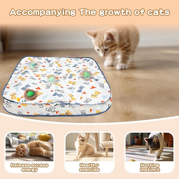 Rocfish Interactive Cat Toys Ball - Automatic Fast Rolling Ball in Play Mat, Hide and Seek Mouse Catching Game, Low-Noise Cat Enrichment Toys in Pouch for Indoor Bored Cats (Green Toy & Square Mat)-Mewly Pet