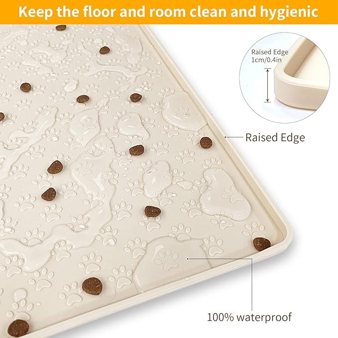 Ptlom Pet Placemat for Dog and Cat, Waterproof Non-Slip Silicone Feeding Bowl Mat Prevent Food and Water Overflow, Puppy Dish Feeder Fountain Trays Suitable for Medium and Small Pets, Beige-Mewly Pet