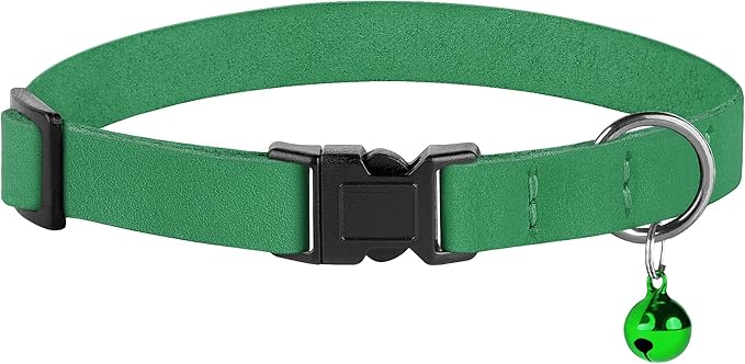 Breakaway Cat Collar Leather with Removable Bell - 13 Colors Available - Soft Adjustable Girl Boy Safety Lightweight Pet Kitten Collars Pink Brown Blue Green Red Orange Black (Green)-Mewly Pet