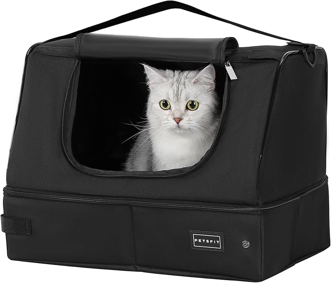 PETSFIT Portable Cat Litter Box - Removable 2-Layer Leak-Proof Lining, Scratch-Resistant Fabric with Sturdy Support Frame, Travel & Collapsible Cat Litter Box Black-Mewly Pet