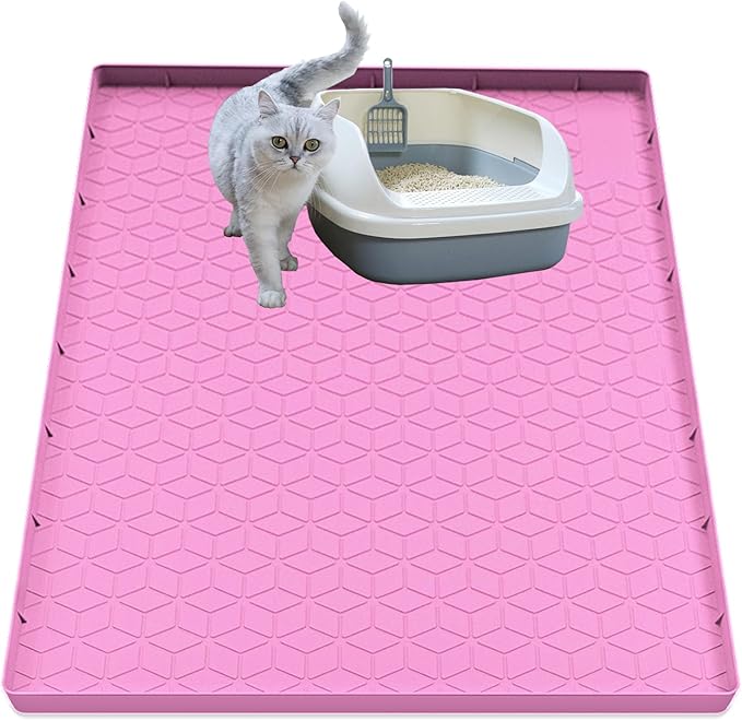 Cat Litter Mat, Silicone Large Cat Mat for Litter Box - 31x22 in, Waterproof & Non-Slip, Durable & Easy Clean, Pink-Mewly Pet