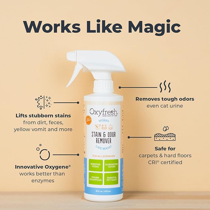 Oxyfresh Advanced Pet Stain Remover & Urine Odor Eliminator – Fast Acting Pet Odor Eliminator for All Surfaces - Best Way to Remove Stains - Dog & Cat Urine Neutralizer-Mewly Pet