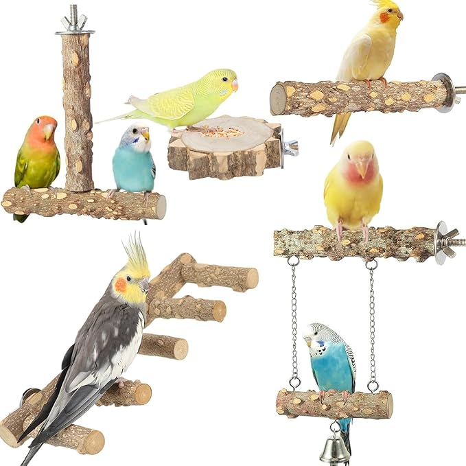 Bird Ladder Perch for Cage, Nature Wooden Bird Bridge Exercise Stands Parrot Climbing Chewing Toys for Small Animal (B)-Mewly Pet