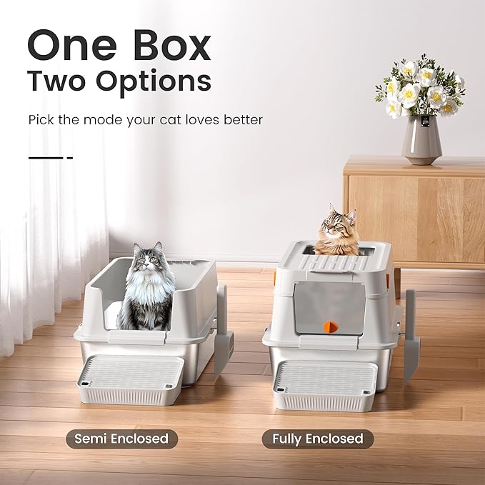 XL Stainless Steel Cat Litter Box with Easy-Open Lid, AOTRUTII Enclosed Metal Litter Box for Big Cats, Front Entry & Top Exit, High Sided, Anti-Leak, Non-Stick, Easy to Clean, Includes Scoop-Mewly Pet