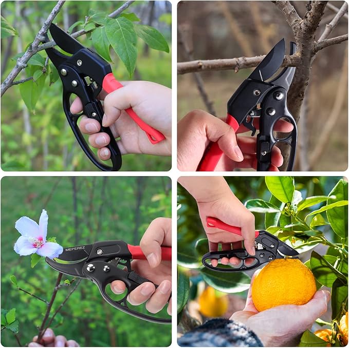 Ultra Sharp Germany Steel Pruning Shears - Cuts 3X Easier, Weak Hand Arthritis Snips, Rust-Resistant, Effortlessly 1-Inch Cut Capacity Garden Scissors, Ergonomic Handle (Reddish balck)-Mewly Pet