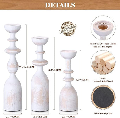 HOWSILAY Wood Candle Holder Candlestick Holders for Table Centerpiece - Rustic Farmhouse Decor Candle Stand fits 3/4" or 7/8" Taper Candle&Dia 1.5" Led Tea Lights or Pillar Candles(White)