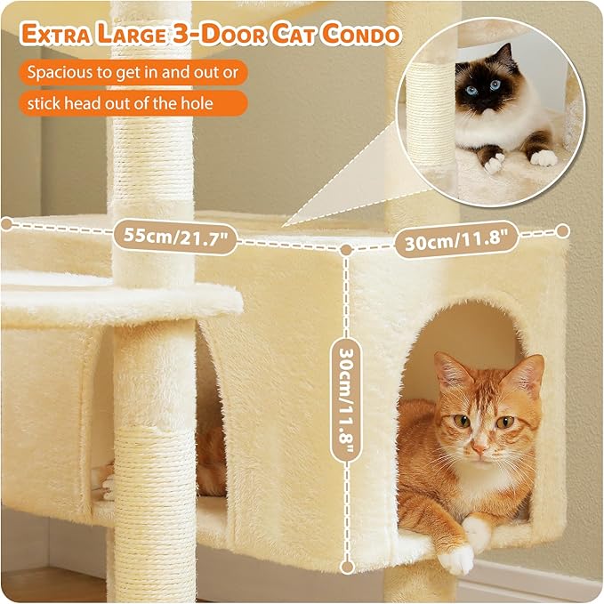 PAWZ Road Heavy Duty Cat Tree for Large Cats, 81 Inches Tall Cat Tower with 2 Perches, 2 Condos and Spacious Hammock, XL Extra Large Condo with 7 Scratching Posts for 20lb+ Adult Cats,Beige-Mewly Pet