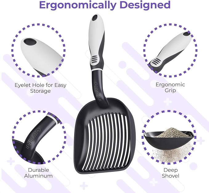 iPrimio Cat Litter Scoop Metal w/ Deep Shovel, Black - Non Stick Plated Aluminum Cat Litter Scooper with Holder - Litter Box Scooper - Metal Cat Litter Scoop - Patented Sifter w/ Holder - Solid Handle-Mewly Pet